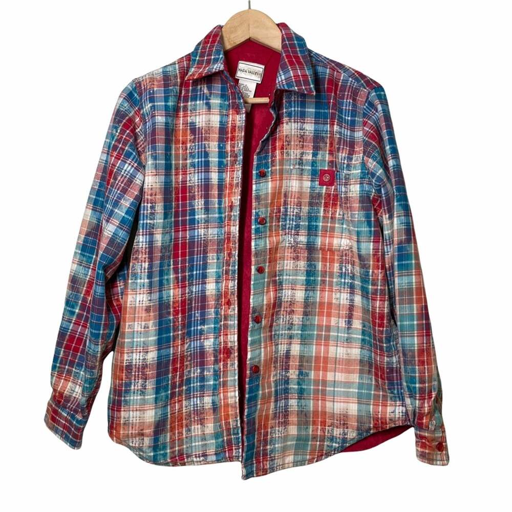 Vintage Bleach Dye Plaid Button Down Shacket Shirt Small Napa Valley